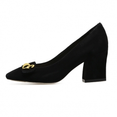 Shoes Factory New Style Women Shoes Black Suede Pumps vwith Block Heels
